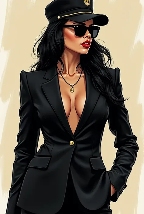 Women, MAFIA STYLE AND SUIT , TALL AND FULL BLACK EXPENSIVE BRAND SUIT AND SUNGLASSES , BLACK HAIR AND PRETTY FACE AND BLACK HALF-LAYER ,PRETTY AND MODEL ,2d, DRAWING STYLEU ,  affectionate mommy older , of great body and big height and attributed woman of...