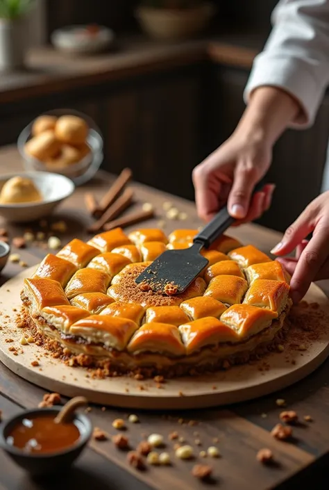 Baklava Create Image with a rotating circle and a spatula real