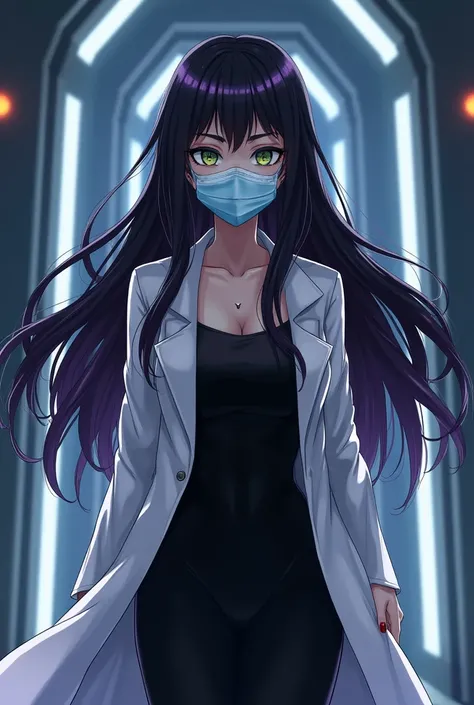 Anime style 
Long hair
Woman
Adult
Human
45 years old 
Evil eyes 
Evil smile 
Villain
Red lips
Light blue Surgical mask
Light blue mask
White coat
Dr. Anya Nox has black hair with dark purple streaks, piercing green eyes, and always dresses in an elegant l...