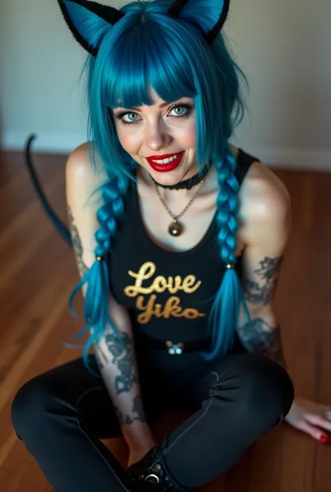 Jinx, beautiful blue hair, long braids, bangs, blue cat ears, blue cat tail, beautiful blue eyes, big eyes, bright eyes, luscious red lips, feisty smile, charming smile, long red nails, black sexy tank top with glitter "Love Yoko" inscription in gold, blac...