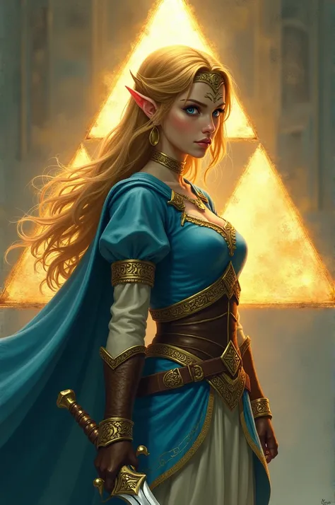 Guerrière Princesse Zelda, avec une épée, triforce en fond 