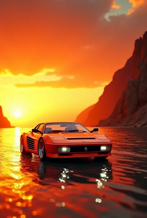 An 80s-inspired supercar wallpaper with a bright orange supercar resembling a Ferrari Testarossa, cruising along a shimmering gold and crimson coastline. The sunset radiates fiery tones of red and yellow, casting a warm glow on the reflective water. The ca...