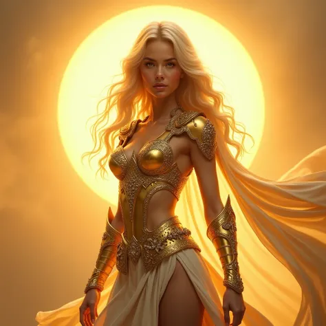 A blonde woman with long golden hair,  brown-eyed , wearing gold armor with silver details and draped skirt. Around the Suns rays. sideways,  with a full body. 