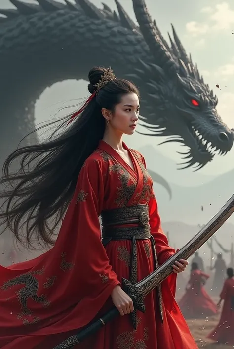 A portrait of Wei Wuxian, the Empress of Dragonyde, standing amidst a battlefield. She wears a crimson kimono embroidered with black and gold dragons, symbolizing her reign. Her long, dark hair flows freely, streaked with silver from centuries of grief and...