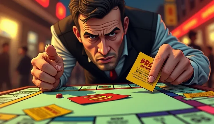 image comic style, A close-up of a McDonalds Monopoly game board with missing pieces, a man’s hand holding a prize-winning ticket, and his suspicious glance at the camera, high quality, realistic colors,  street light in gold and red tones, intricate drawi...