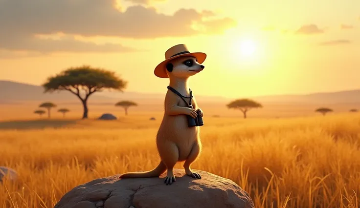 A meerkat wearing a safari hat and binoculars around its neck, standing on a rock in a savanna, warm evening light, wide-angle shot --chaos 50 --ar 16:9 --stylize 250 --v 6.1