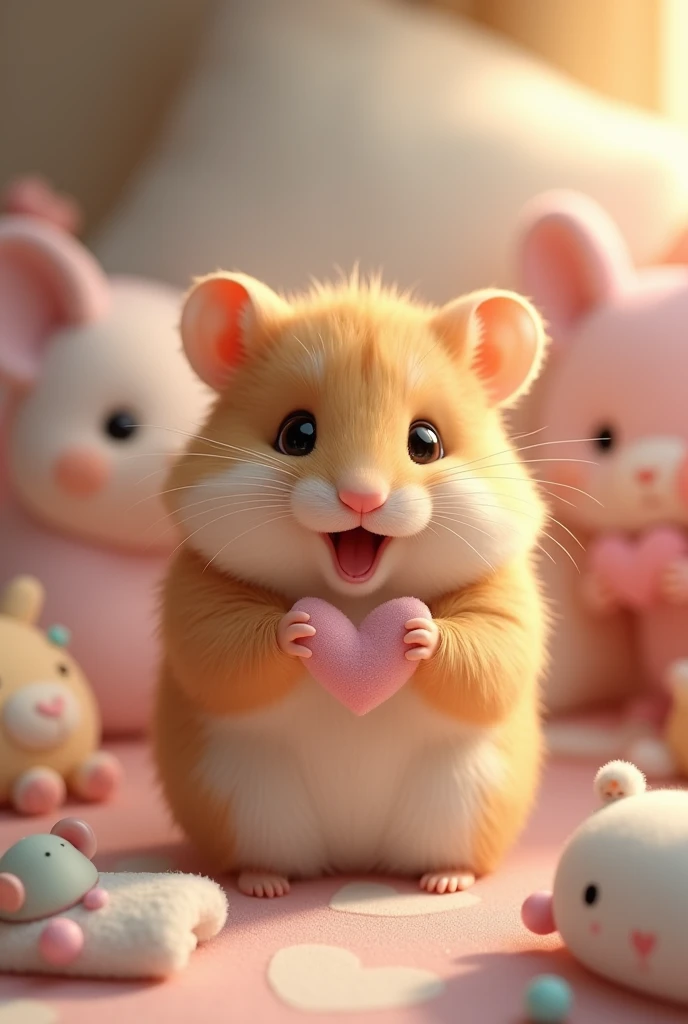 A scene of a hamster making a heart with its hands in a photorealistic style. The hamster is making a cute heart shape with its front paws while making a cute face. In the background, soft colored cloth and toys are scattered, creating a warm atmosphere. I...