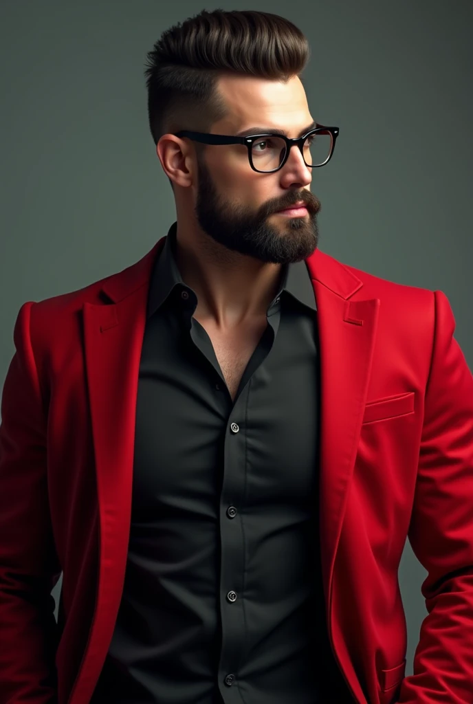  Tall handsome man with muscles ,  with little beard well dressed in red with a black shirt and with beautiful glasses, Very thoughtful if you are 