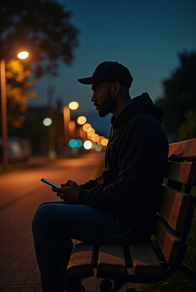 arafed man sitting on a bench in the dark with a cell phone, mid shot portrait, with glowing lights at night, potrait, portrait shot 8 k, high quality portrait, with sunset, at nighttime, night photo, good lighted photo, portrait soft low light, harsh flas...