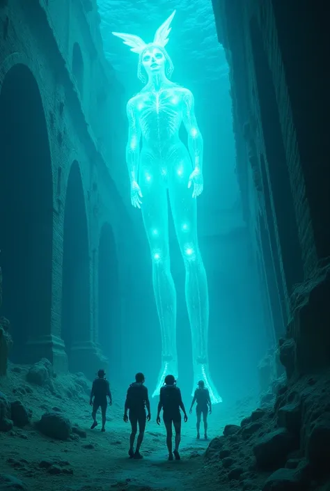  The Lost City

Divers find a lost city full of glowing crystals. One of them touches a crystal ,  and holographic images of the Anunnaki appear .