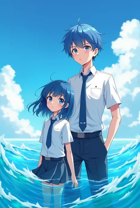 anime boy and girl with blue hair and white shirt and tie, an anime drawing inspired by Ib Eisner, trending on pixiv, conceptual art, 2 d anime, 2 d anime style, 2d art cover, tall anime guy with blue eyes, tsuaii, light novel cover art, anime land of the ...