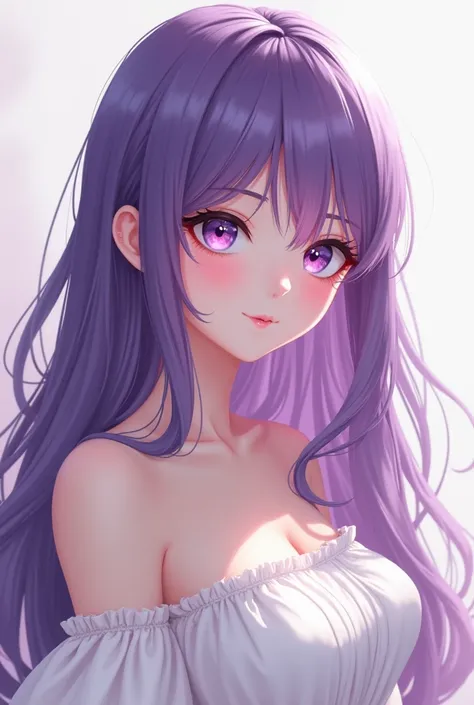 a woman with purple hair and purple eyes is wearing a white dress, a digital painting inspired by Yanjun Cheng, trending on Artstation, digital art, artwork in the style of guweiz, stunning anime face portrait, anime style. 8k, kawaii realistic portrait, 8...