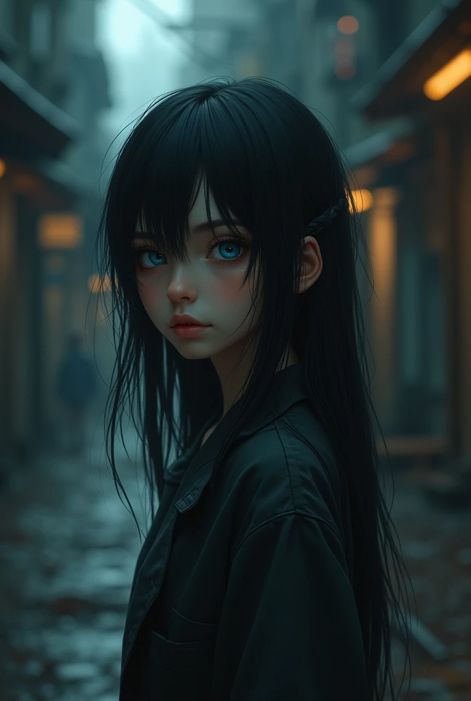 Create an image of a girl with black hair, blue eyes, a small and cute face, thin, the background a dark street