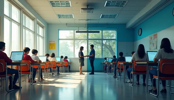  A school divided into half : on one side,  ren in a modern and bright environment , with technological resources ;  on the other,  a poor room with unmotivated ren using worn materials.