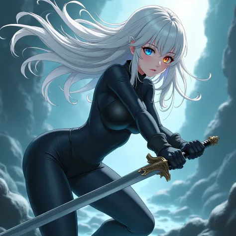 An adult girl with a one-handed sword ,  dressed in black closed clothes and tights!  white hair ,  left eye orange,  right eye blue , mermaid race - anime style!