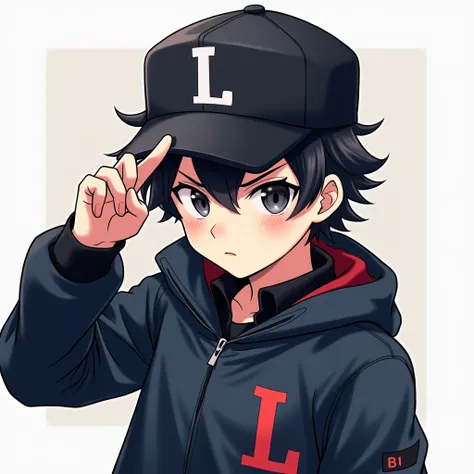 IMAGE to be used as a profile picture of an anime-style boy who has a black cap with the initial L with black hair and a dark blue jacket with the initial L with a streamer theme with his hands making a gun with his fingers with a serious average accuracy 