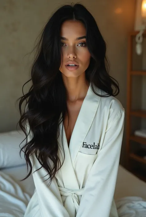 1 woman,  super long straight and wavy black hair ,  dark brown eyes , She is in a spar ,  wearing a white robe ,  written facelab in black on the left side of her chest , Photo essay 