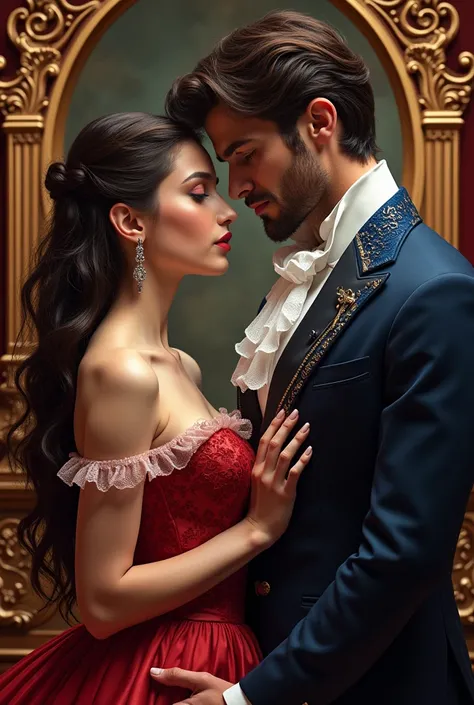 a book cover for a story about a bueatiful brunette woman and a handsome duke as enemies turned lovers, set in a regency, victorian era universe