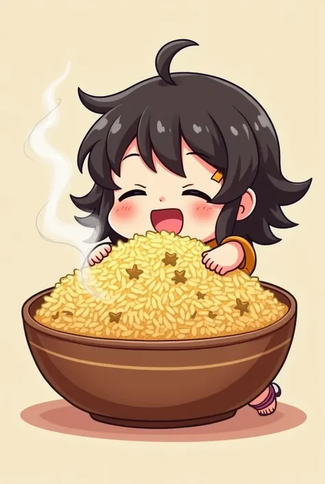 Lam cartoon anime picture (( Arabic ))  smiling cuddling a big bowl of Indian rice