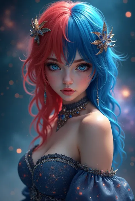 a girl with half her hair red and the other blue, wearing a universe-colored dress with stars.