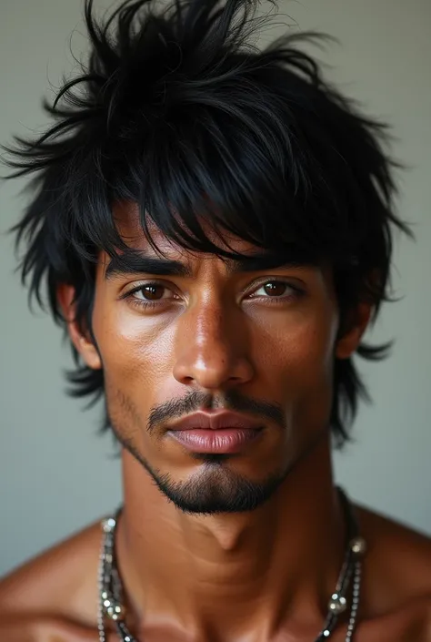 Make an indigenous man ,  with big black hair with beautiful bangs look striking fleshy mouth 