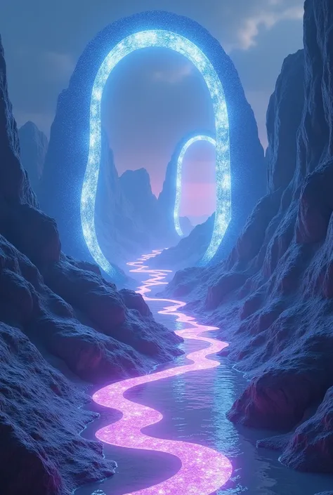 " A valley with floating arches that shine in shades of blue and purple. Rivers of liquid light flow across the ground , illuminating the landscape ."