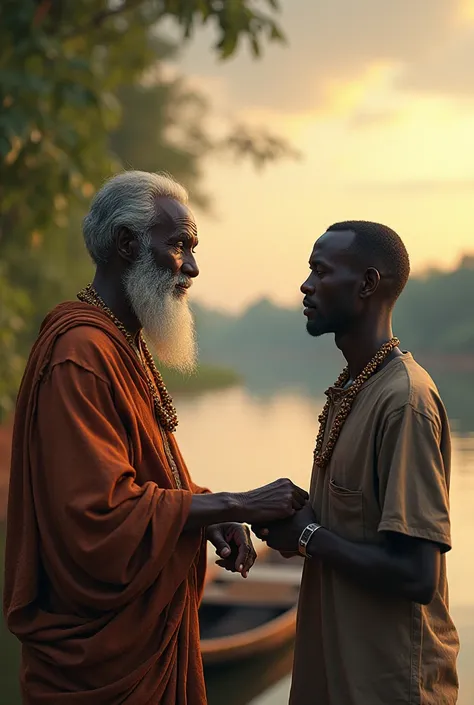 An elderly South Sudan man talking to his son near river nile