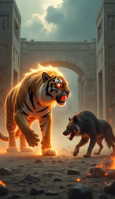 A hyper-realistic 3D image of a mythical showdown in an ancient, apocalyptic arena. On one side stands a colossal, mythical tiger, its entire body rippling with muscle and glowing faintly with ethereal golden and fiery orange light. Its massive paws dig in...