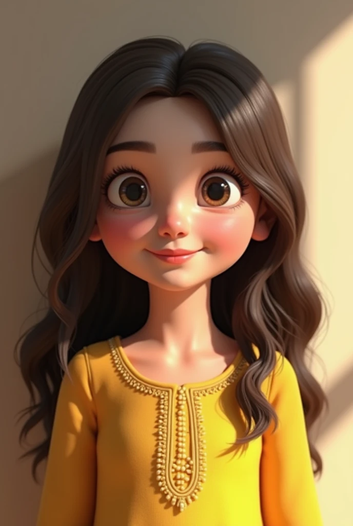 A 3D render of a 1 Pakistani girl with white skin and dark brown hair. She is wearing a yellow Pakistani dress and has brown eyes. She is smiling gently. The background like king house wall. The image has a 3D professional style she hair like real human.