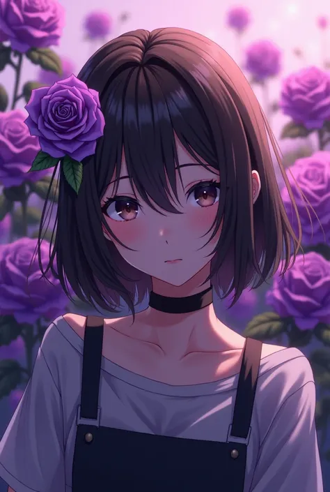 solo,  animated illustration where the face is covered、purple rose hair ornament、Brown Hair、
medium hair, ren&#39;s clothing、juvenile、Purple Rose Background