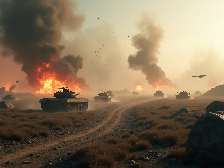 Create an intense widescreen landscape image of the chaos of the battlefield, with explosions, rising smoke, and debris flying through the air. This vision is in full action mode, with tanks far in the background, vehicles and other small battles of soldie...