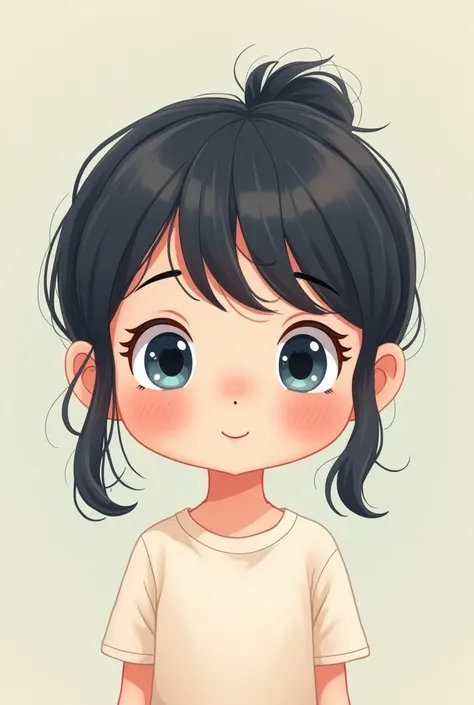 Cute cartoon girl, black hair, light blu eyes, 