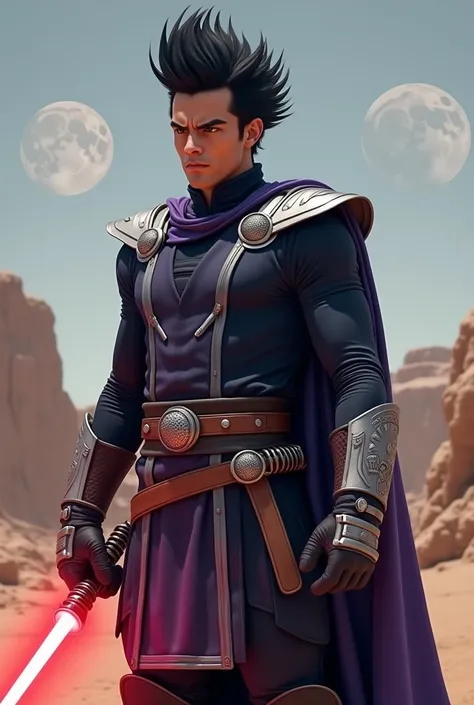  A proud and fierce warrior with a compact and muscular build, his sharp widows peak and spiked black hair defining his commanding presence. He wears a Star Wars-inspired Jedi outfit that reflects his royal Saiyan heritage. The attire features a dark, form...