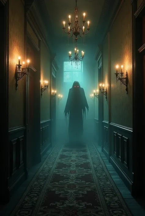 mansion demon hallway with dim lights.