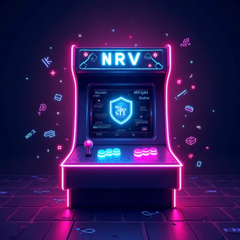 Create a visually striking image for a Twitter banner representing NeoRetroVerse (NRV). The design should feature a neon-lit arcade machine with futuristic elements, blending retro gaming with Web3 technology. The background should be a dark gradient, tran...