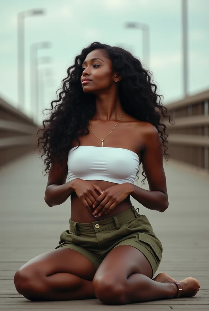 Real photo sitting on ground 
Black skin ebony  perfect body Effortless Elegance
Full lips botox, silicone breast, long curly hair
Outfit:olive  mini cargo shorts and white crop top 

Pose:  on a bridge, hands lightly on breast   looking dreamily into the ...