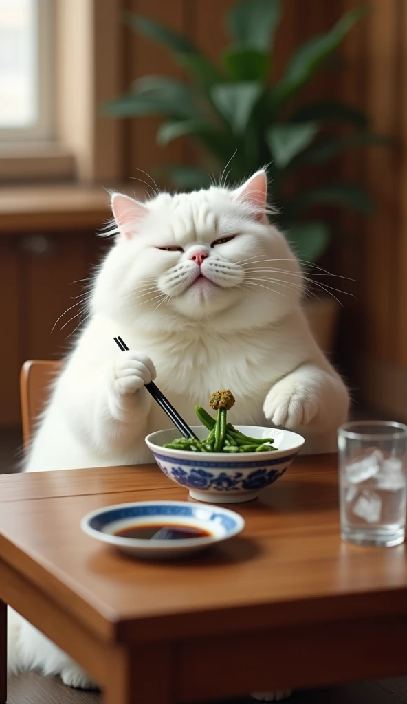 Split lens：Big white fat cat sitting at the table with its left claw on the bowl with its right claw holding chopsticks
Reminder：The big white fat cat sits at a low wooden dining table，The left paw holds a blue and white porcelain bowl，The right paw picks ...