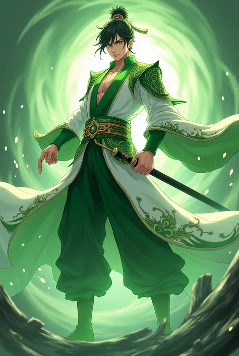 Anime of handsome hero full body with sword, dressed in apple green and white traditional Chinese clothes with green power in background in fighting pose