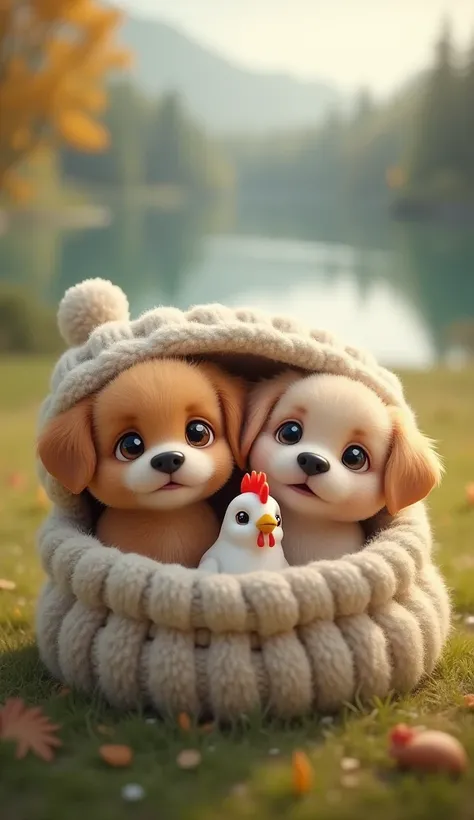 2 ultra cute baby dogs =  cute baby rooster with lots of dense fur inside a hat.  The blurred background is of a forest with a lake behind it.