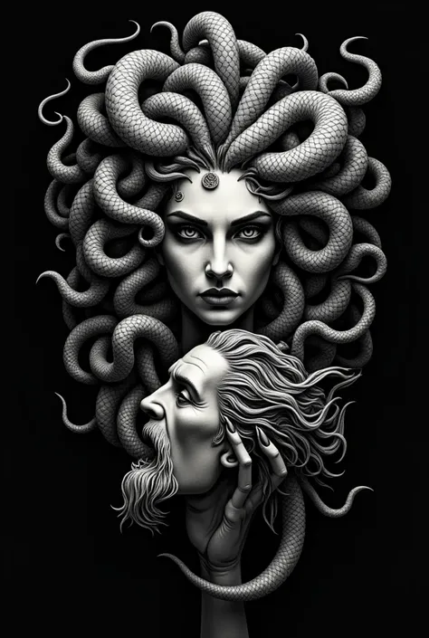 Blackwork tattoo of medusa holding Perseus head