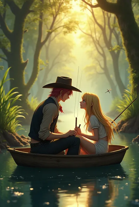 Cowboy Natsu and Lucy in a boat on a swamp in love fishing 