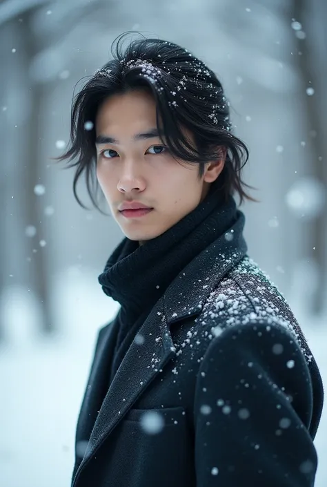 Handsome young asian man in the snow, High Resolution, Masterpiece, Long Hair, looking at the viewer Sparkle, Depth Of Field, Backlighting, 