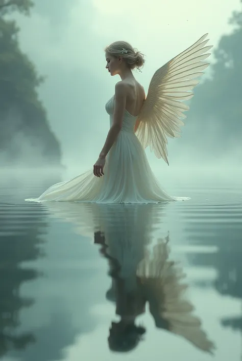 The reflection of a woman with wings