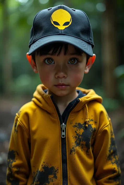 a young real boy ****** Malaysia Indonesia. (Yello eyes) . wearing an (black yellow ) zip-up shirt, (black yellow ) cap printed (ALIEN), detailed face, cinematic lighting, dramatic atmosphere, vibrant colors, 8k, high quality, photorealistic. Hero suit. (S...