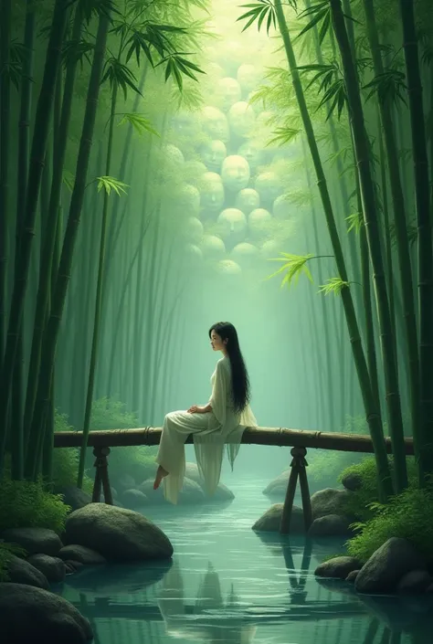  A beautiful asian woman sits on a small wooden bridge in the middle of a bamboo forest,In the middle there is a small stream of faces facing the camera 
