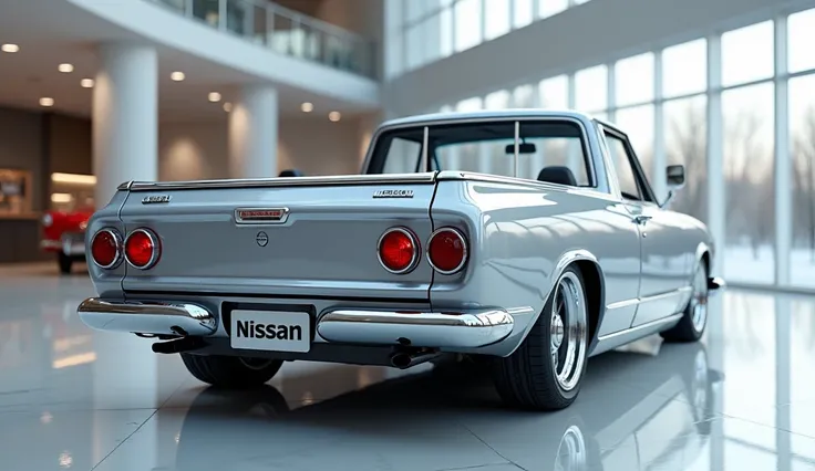 "I’m giving you a promo with a realistic digital rendering of the rear side view side of a classic Nissan truck. The truck features a polished silver chrome finish, vintage-style tail lights, and a prominent Nissan emblem on the tailgate. The license plate...