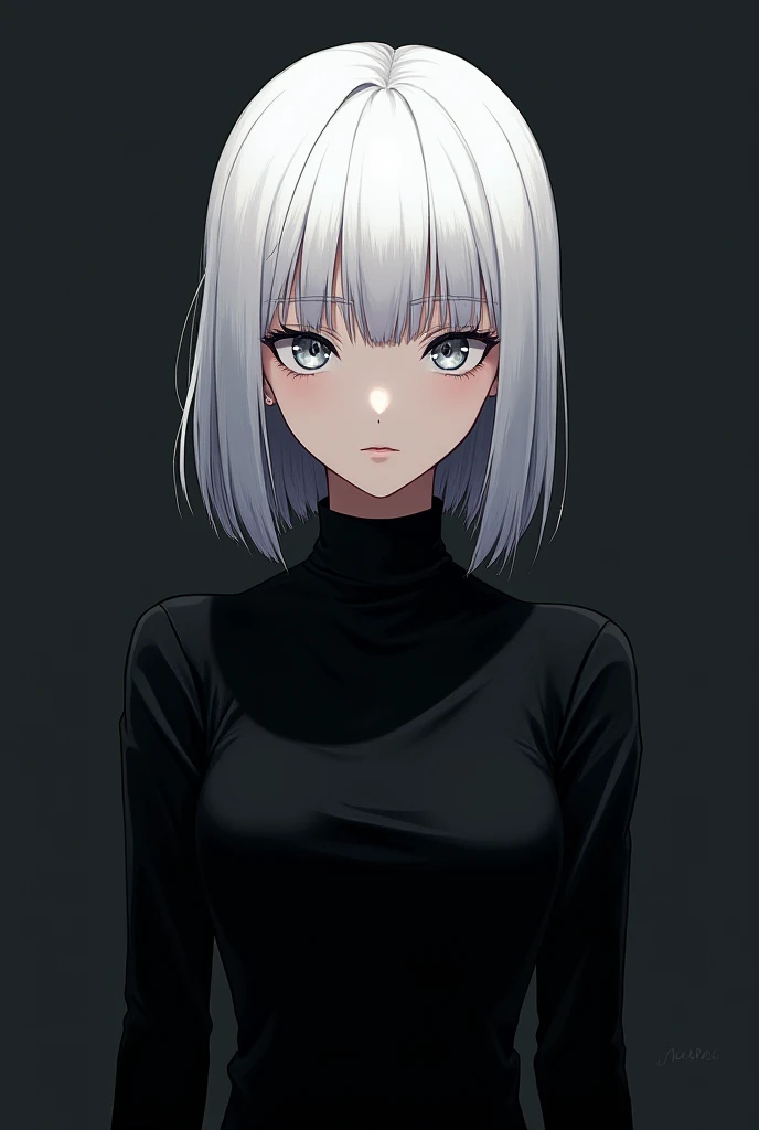 Girl with short white hair  , 1.80 tall, Silver eyes, anime drawing style inspired by the Bleach anime style, with black clothing