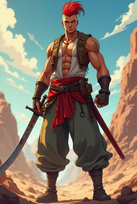  Make an image of a Western samurai with red details on the clothes, Red mohawk and rusty sword in anime style