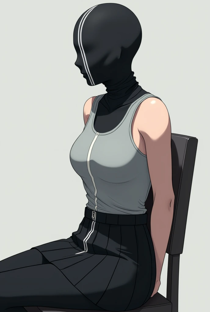 (Anime) woman, spandex leggings with vertical white stripe in centre of the leggings over entire head, full face covered, entire head covered, eyeless, arms behind back, black tights, pleated skirt, light grey tank top, plain light grey tank top, plain tan...