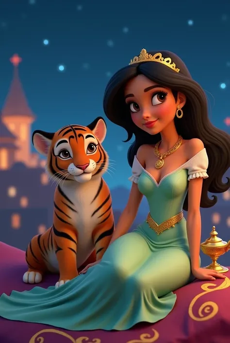 A brown haired short hair woman with brown eyes and white skin. She is very short heightened. She is dress in a light green arabian princess gown and in her right hand she is holding a magic lamp. She is along side Disney Princess Jazmin, who is a brown sk...